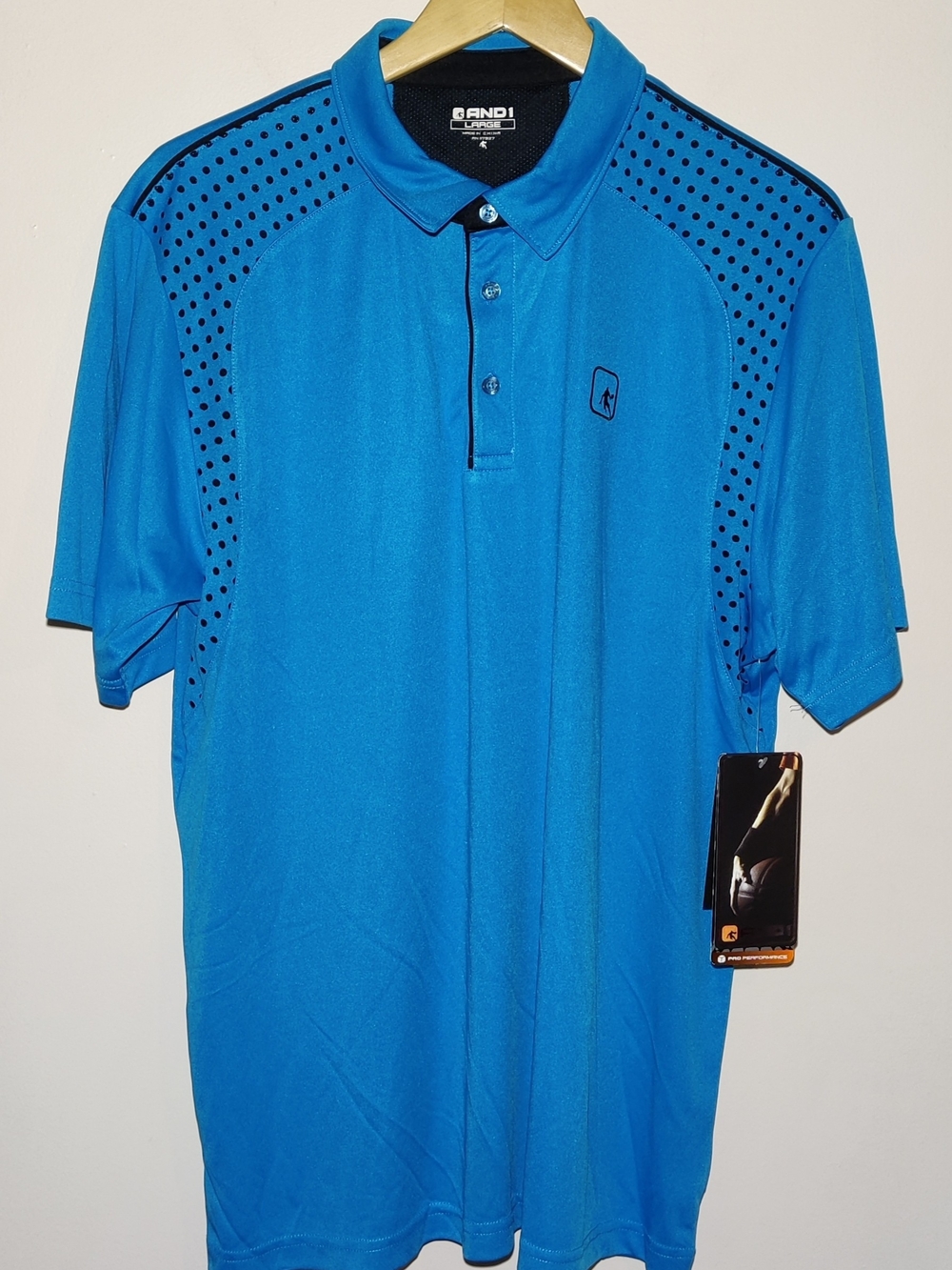AND1 Mens L Pro Performance Polo Shirt Blue Dot Pattern Short Sleeve NWT Golf